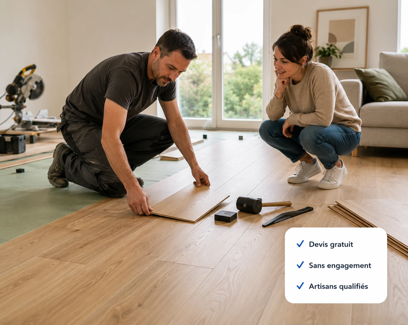 Artisan posant du parquet au sol