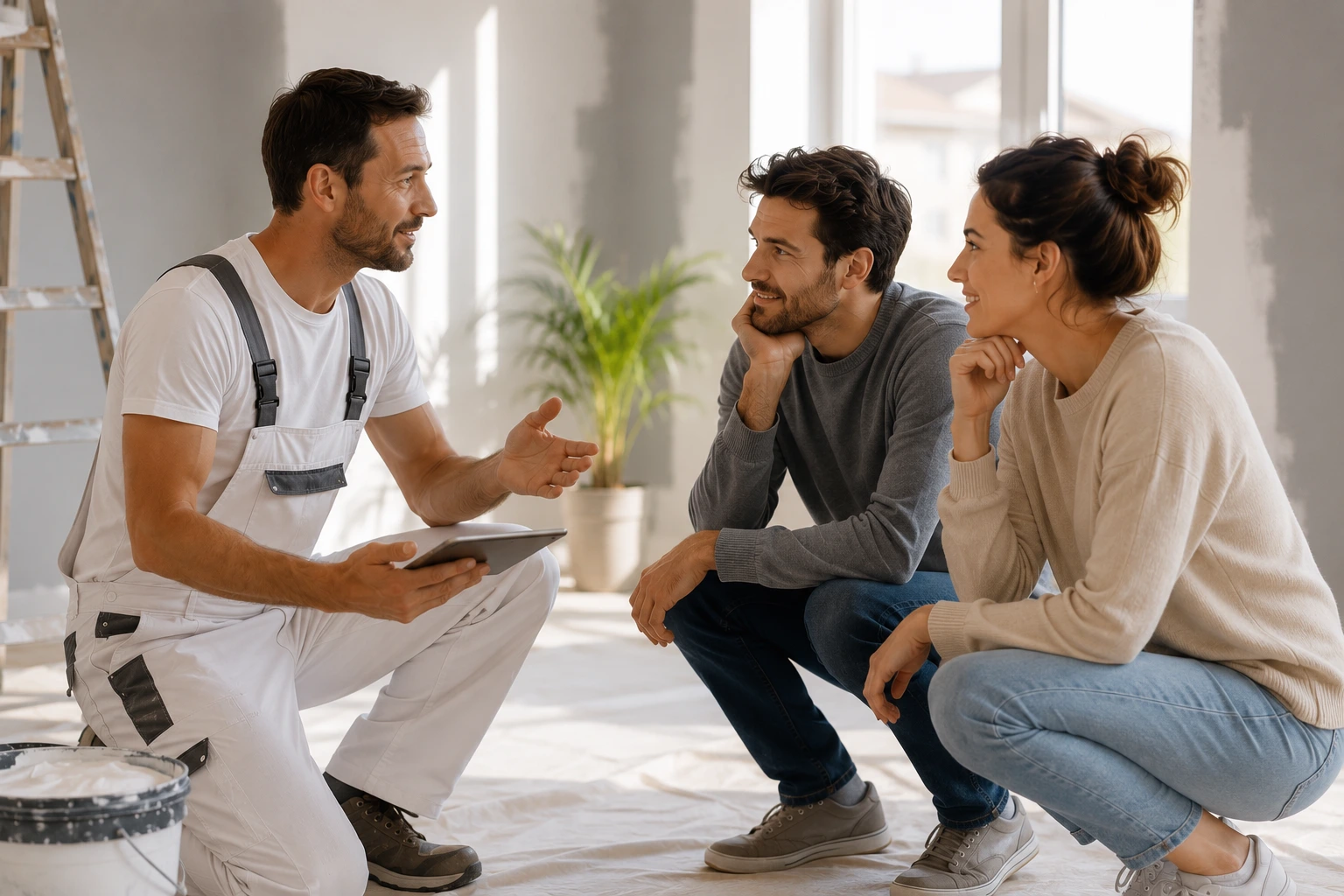 Artisan peintre professionnel avec ses clients